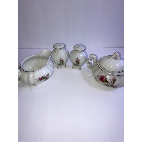 Lefton Pink Roses China Creamer and Sugar Bowl With Salt And Pepper - Picture 3 of 8